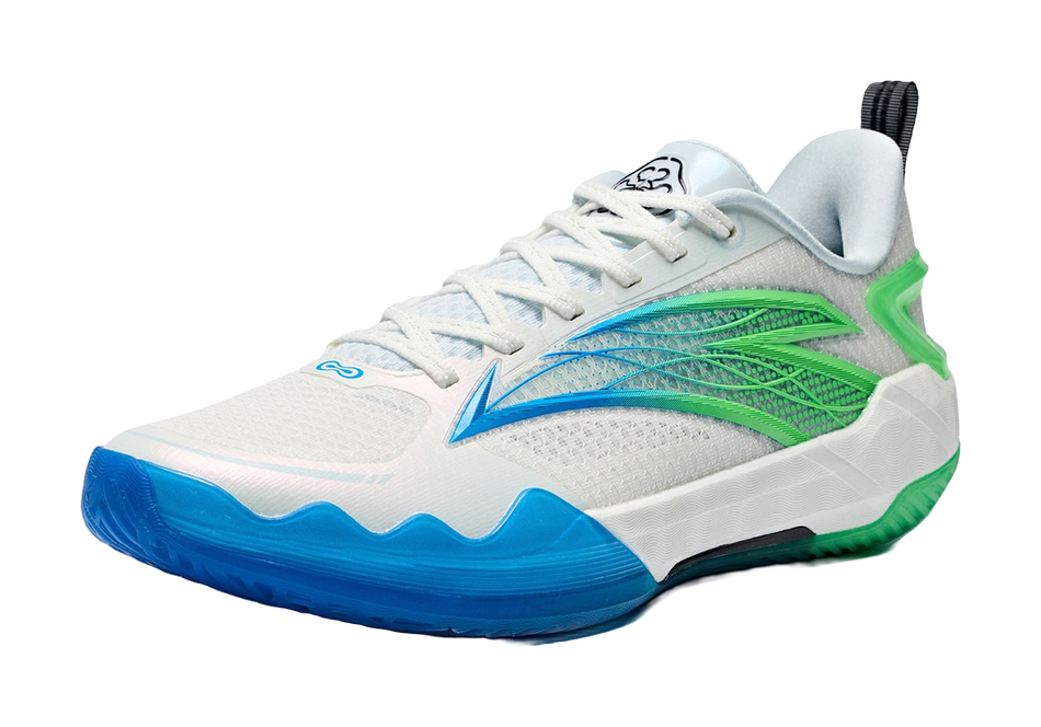Men's low-top basketball shoes, white with blue side panels, green stripe detail, lace-up.