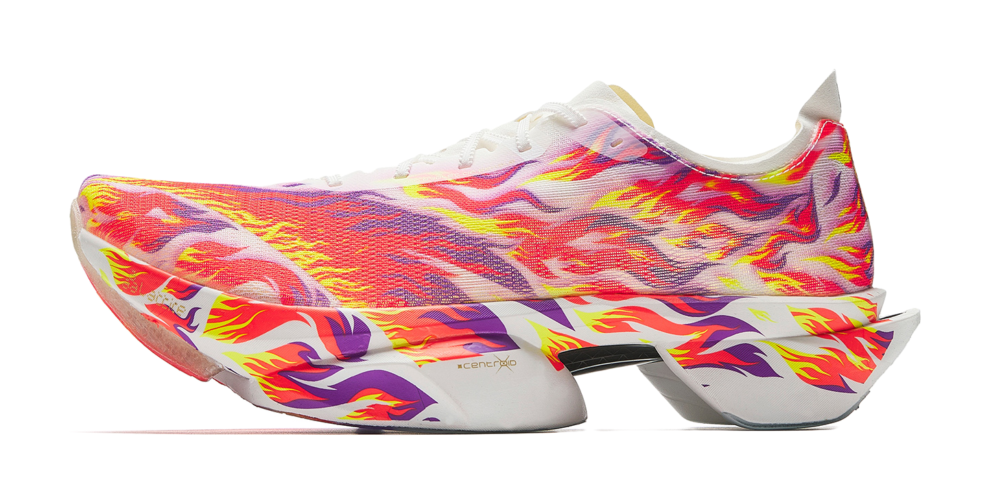 Marathon racing shoe with white base and red, purple, yellow flame pattern