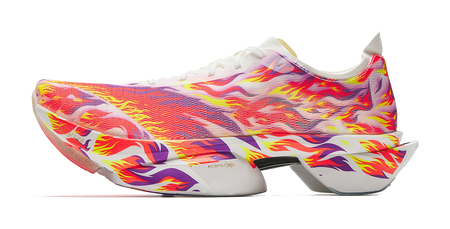 Marathon racing shoe with white base and red, purple, yellow flame pattern