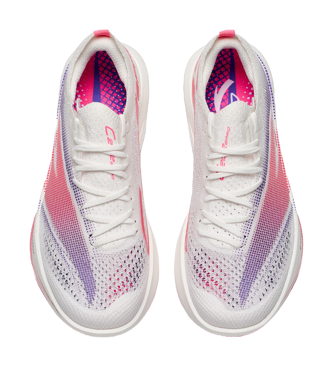 ANTA women's low-top running shoe pair, white laced uppers with purple inner lining
