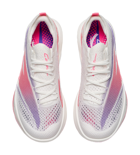 ANTA women's low-top running shoe pair, white laced uppers with purple inner lining