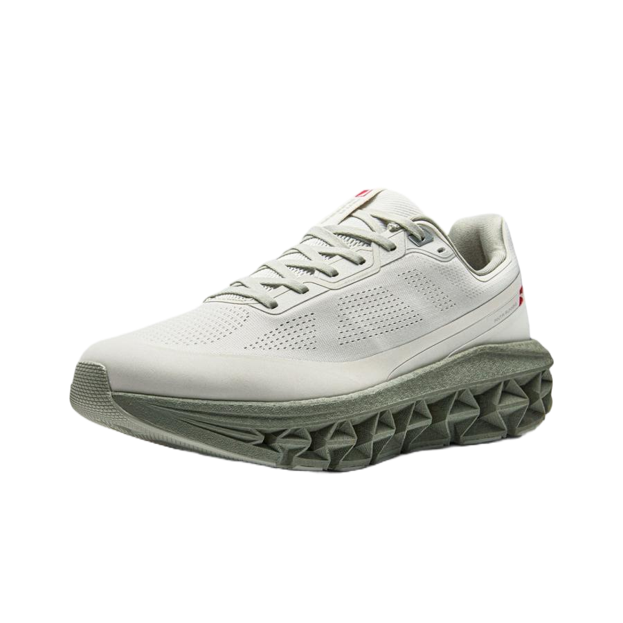 Unisex light gray running shoe with lace-up upper and geometric grip outsole.