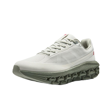 Unisex light gray running shoe with lace-up upper and geometric grip outsole.