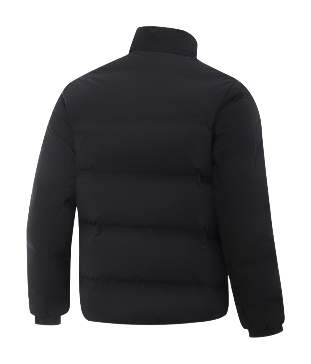 Li Ning men's black down jacket, back view, hooded stand collar, padded design