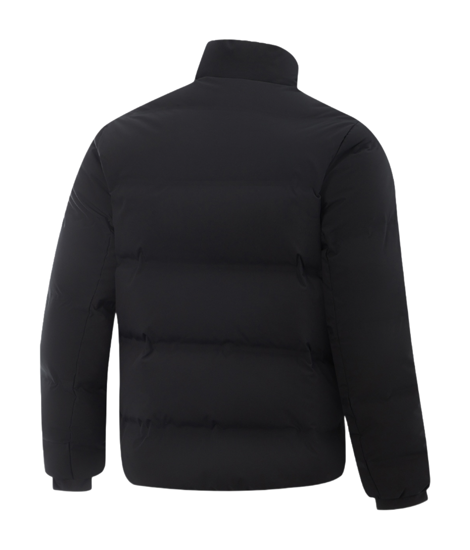 Li Ning men's black down jacket, back view, hooded stand collar, padded design