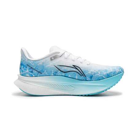 Men's running shoes, blue patterned upper with black logo, white laces and light blue midsole.