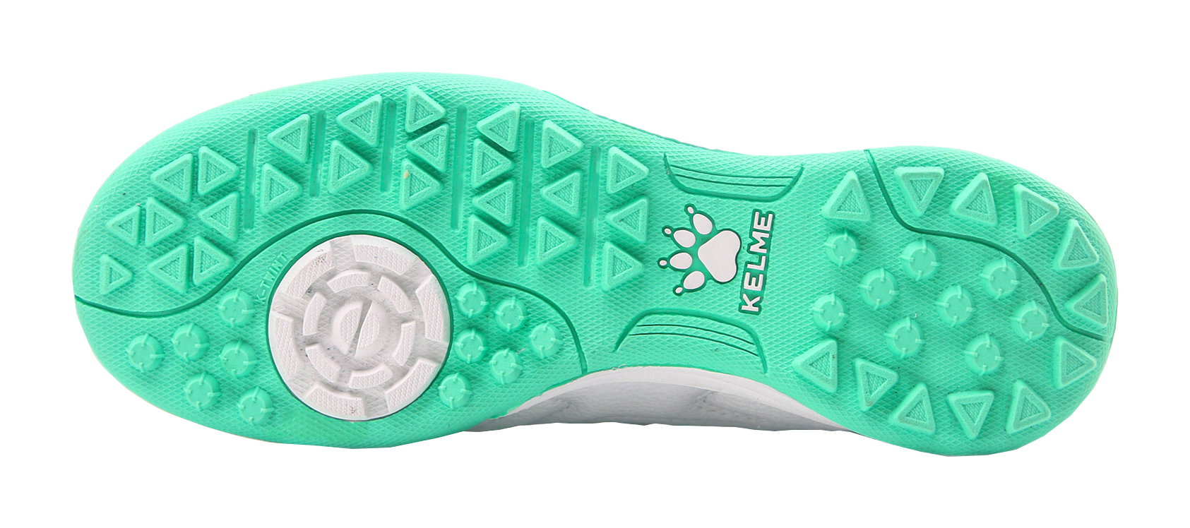 Kelme TF training soccer shoes, mint green outsole with turf studs.
