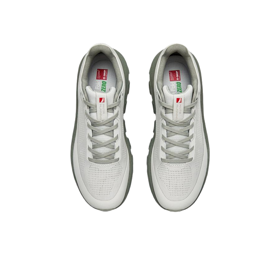 Unisex light gray running shoes with lace-up closure and perforated uppers.