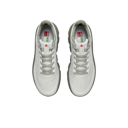 Unisex light gray running shoes with lace-up closure and perforated uppers.
