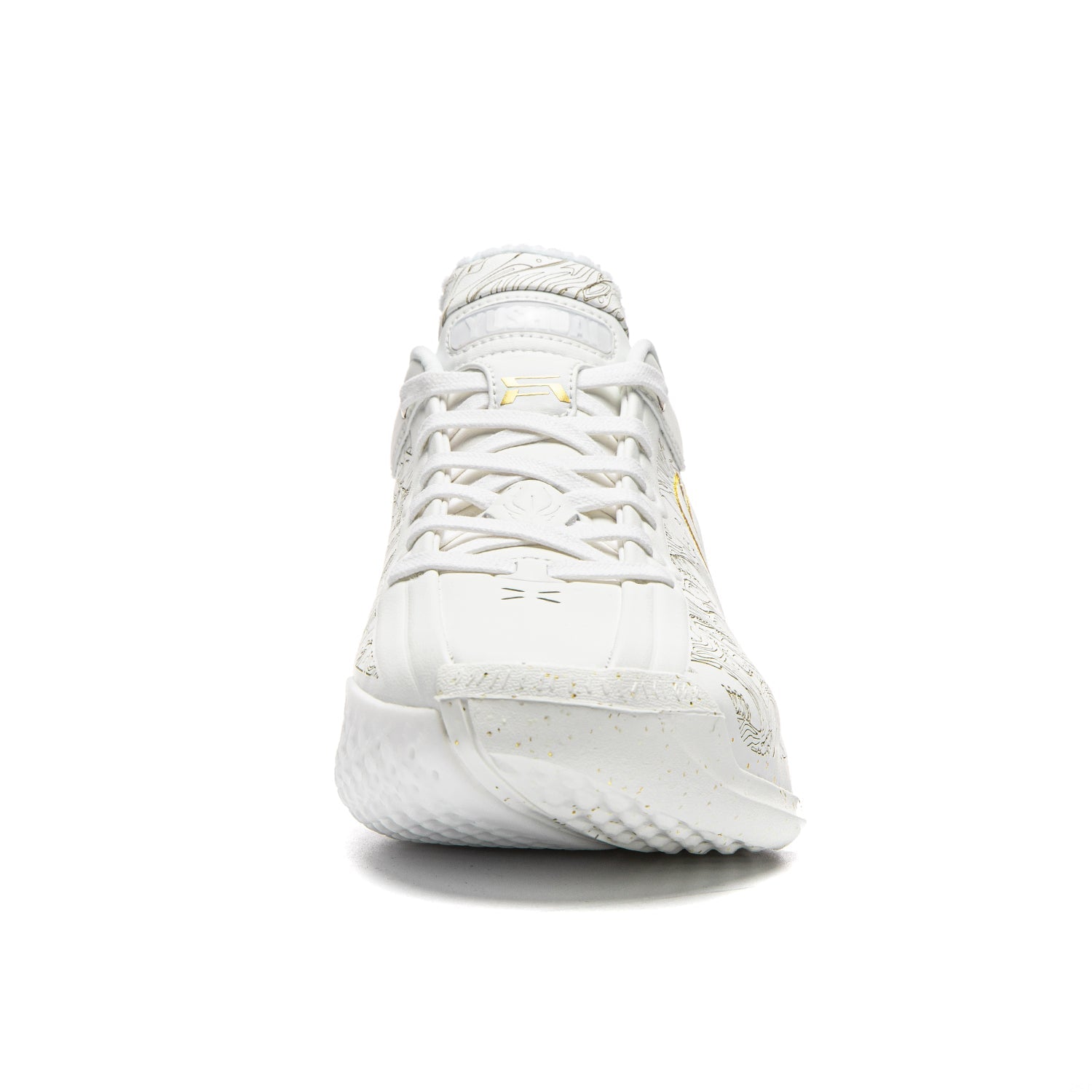 White basketball shoe heel view with lace-up upper and gold accent on side