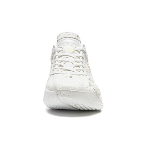 White basketball shoe heel view with lace-up upper and gold accent on side