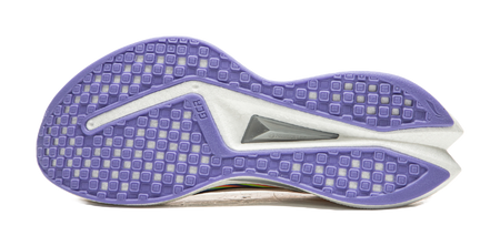 Purple treaded outsole of a white running shoe with gray stabilizing insert