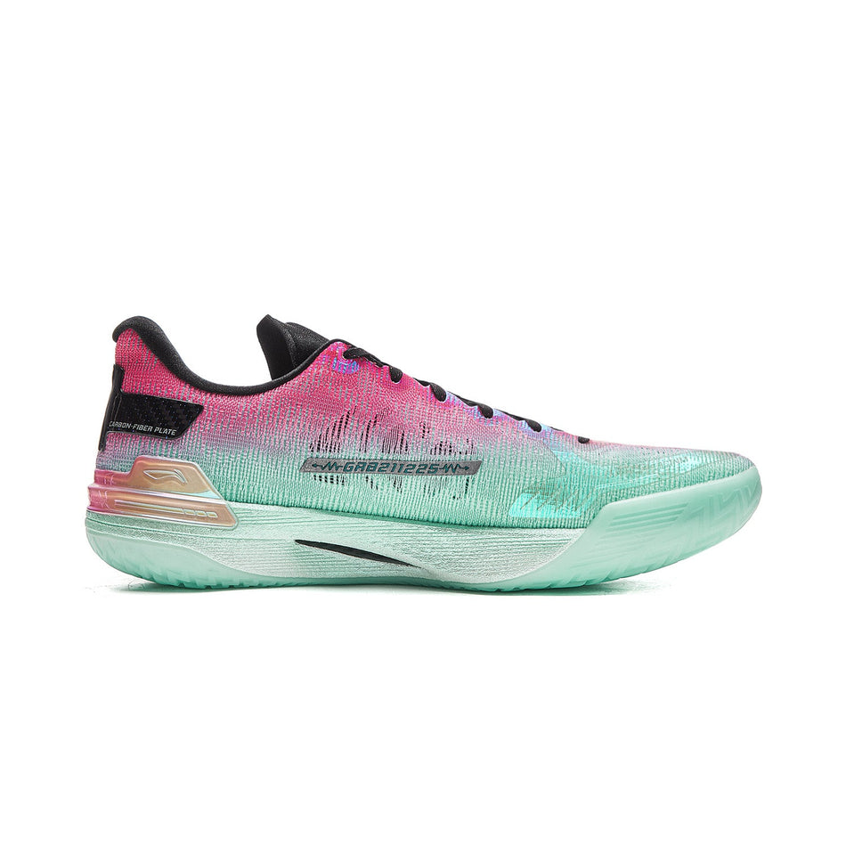 Unisex basketball shoe, pink-to-mint gradient knit upper with black collar and sole.