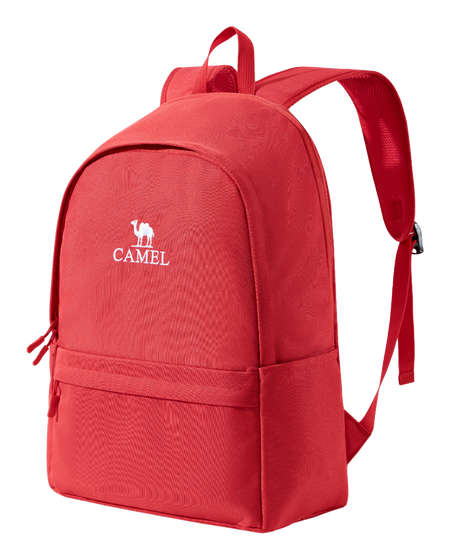 CAMEL 18L outdoor backpack in Aurora Red, front logo, zip pocket, adjustable straps