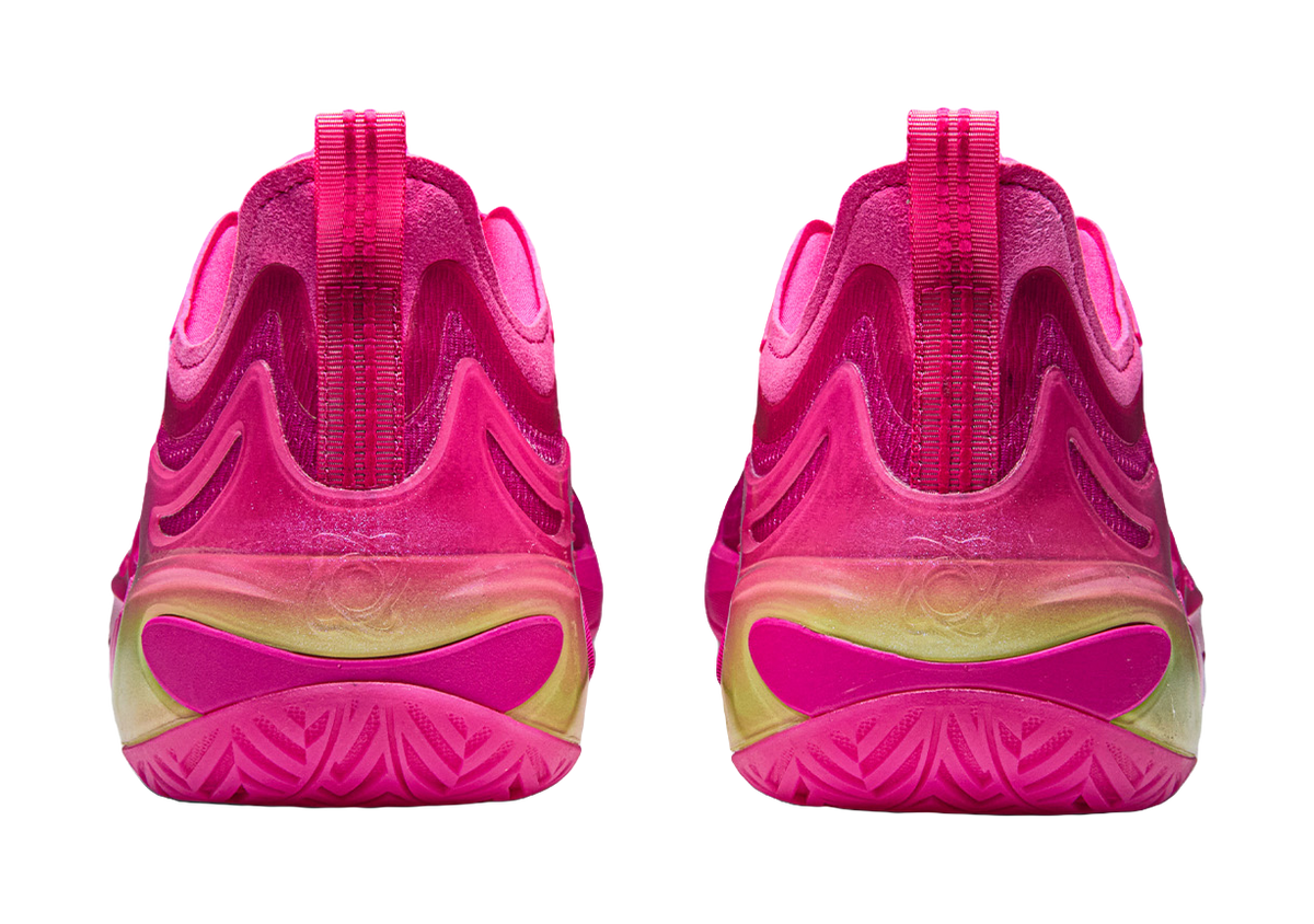 Pink basketball shoes with back heel view and wavy cushioning outsole