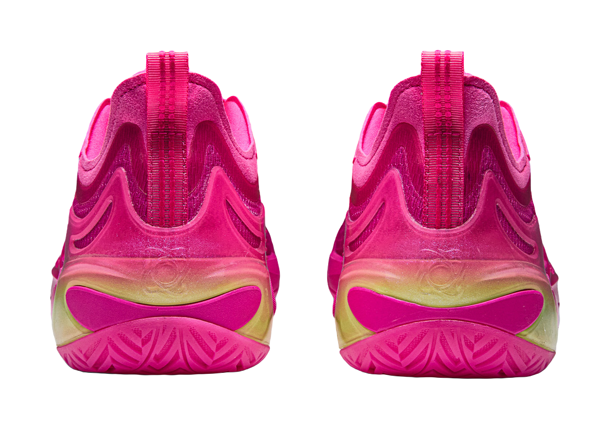 Pink basketball shoes with back heel view and wavy cushioning outsole