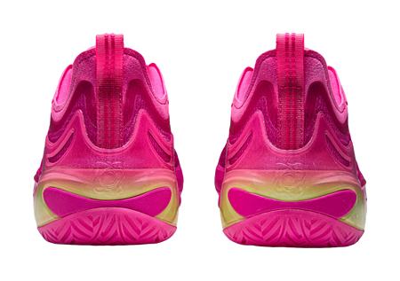 Pink basketball shoes with back heel view and wavy cushioning outsole