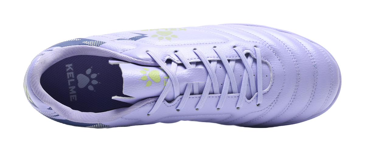 Lilac purple TF turf soccer shoes, top view of laces and padded, textured upper