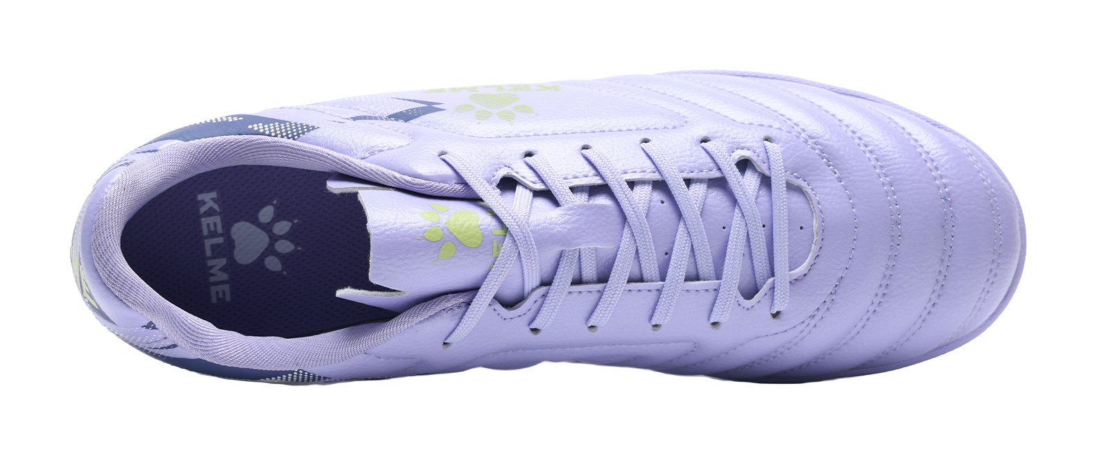 Lilac purple TF turf soccer shoes, top view of laces and padded, textured upper