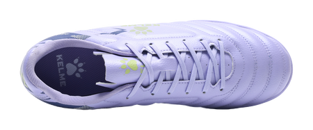 Lilac purple TF turf soccer shoes, top view of laces and padded, textured upper