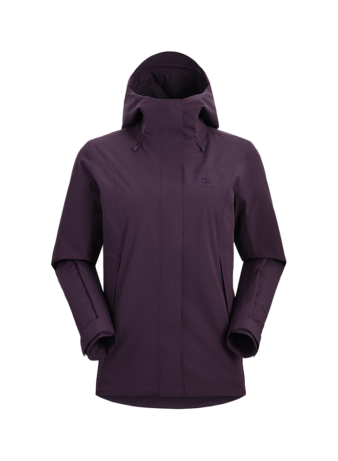 Women's hooded windbreaker jacket in deep purple with front zipper and side pockets