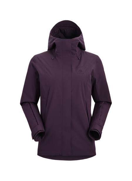 Women's hooded windbreaker jacket in deep purple with front zipper and side pockets