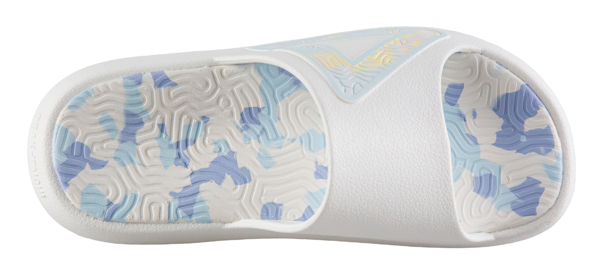 Recovery slides outsole with raised tread and white panels over blue camo pattern