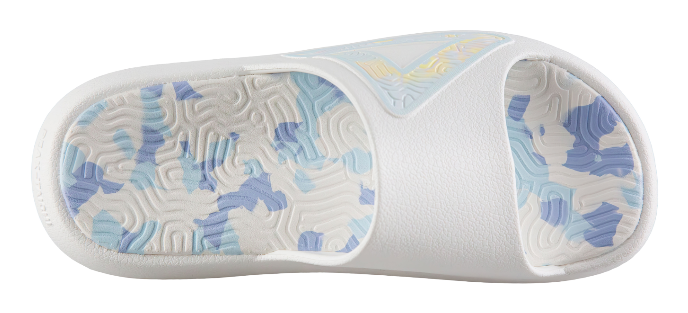 Recovery slides outsole with raised tread and white panels over blue camo pattern
