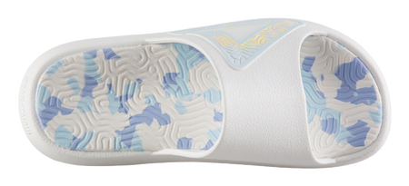 Recovery slides outsole with raised tread and white panels over blue camo pattern