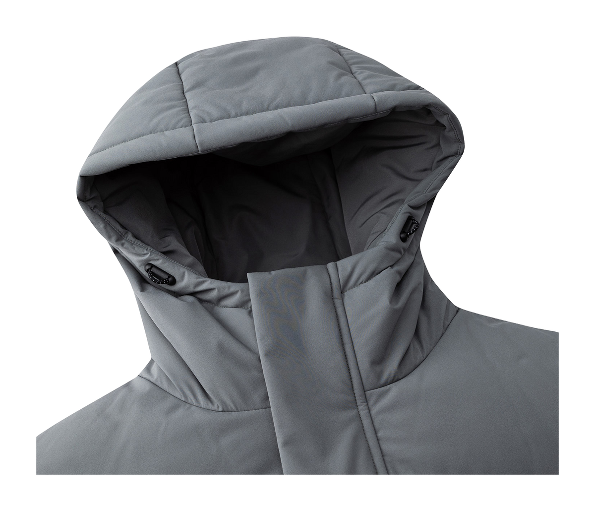 Dusty gray hooded puffer down jacket close-up of collar and hood lining