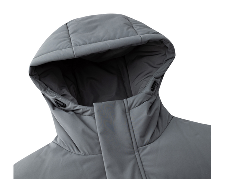 Dusty gray hooded puffer down jacket close-up of collar and hood lining