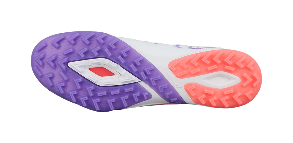 Turf soccer shoe outsole with purple and coral-red tread, white midsole
