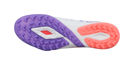 Turf soccer shoe outsole with purple and coral-red tread, white midsole