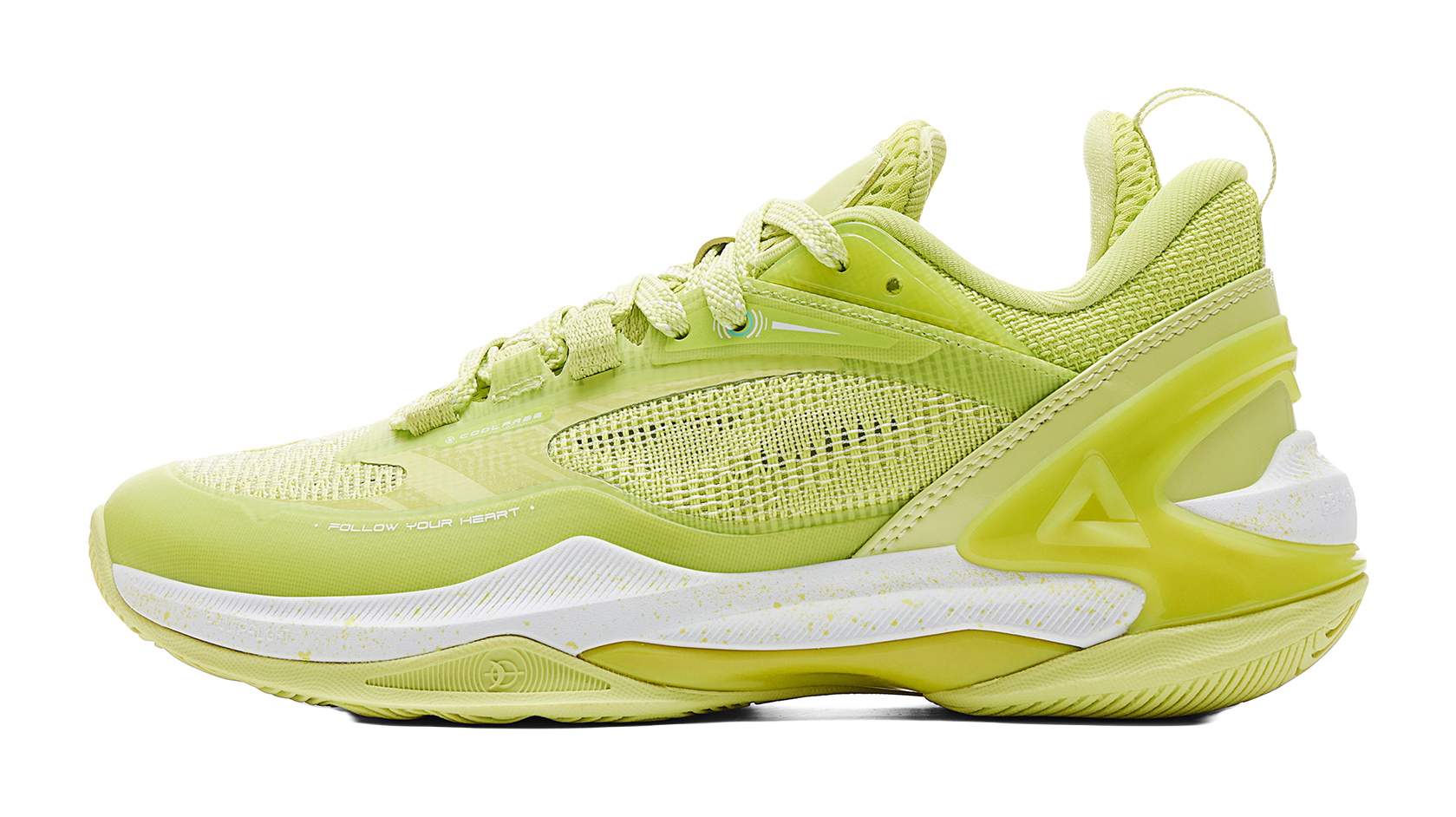 Light acid green basketball shoe with mesh upper and lace-up front, white outsole