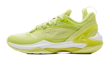 Light acid green basketball shoe with mesh upper and lace-up front, white outsole