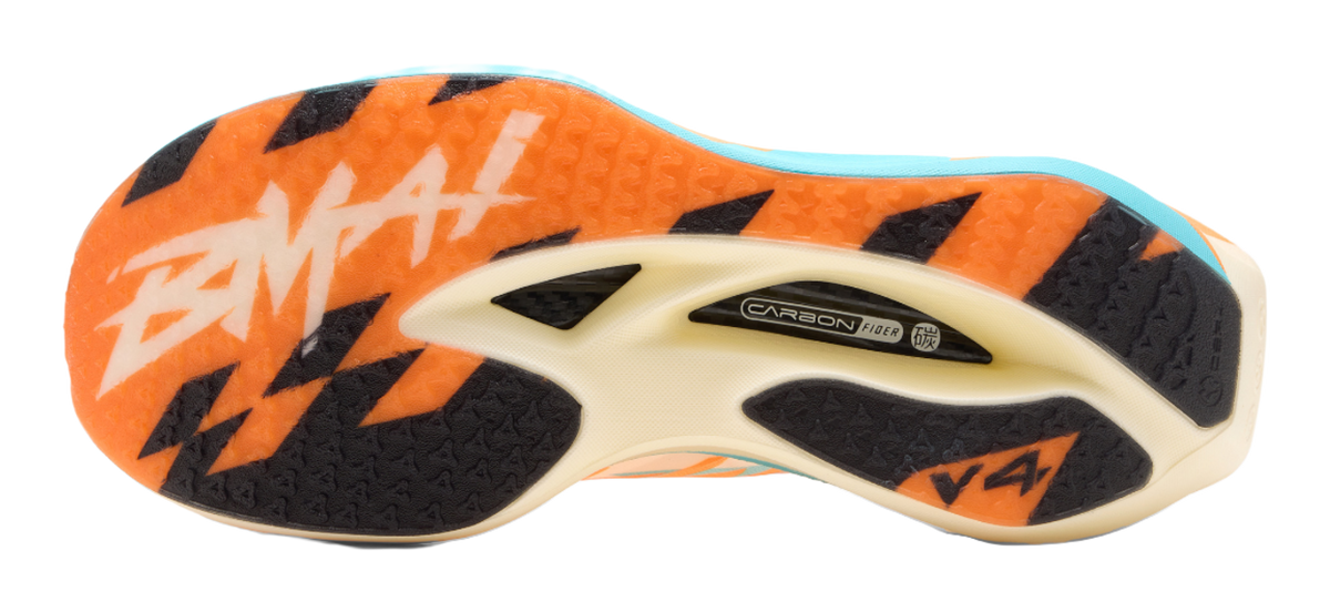 Women’s low-top running shoes outsole with black tread and orange with blue accents