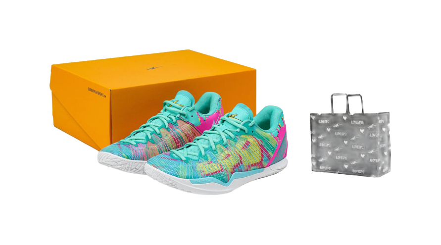 Pair of low-top basketball shoes with teal laces and multicolor upper, orange box and tag