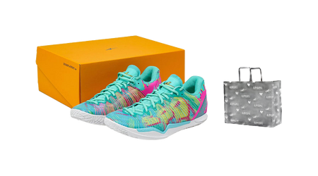 Pair of low-top basketball shoes with teal laces and multicolor upper, orange box and tag