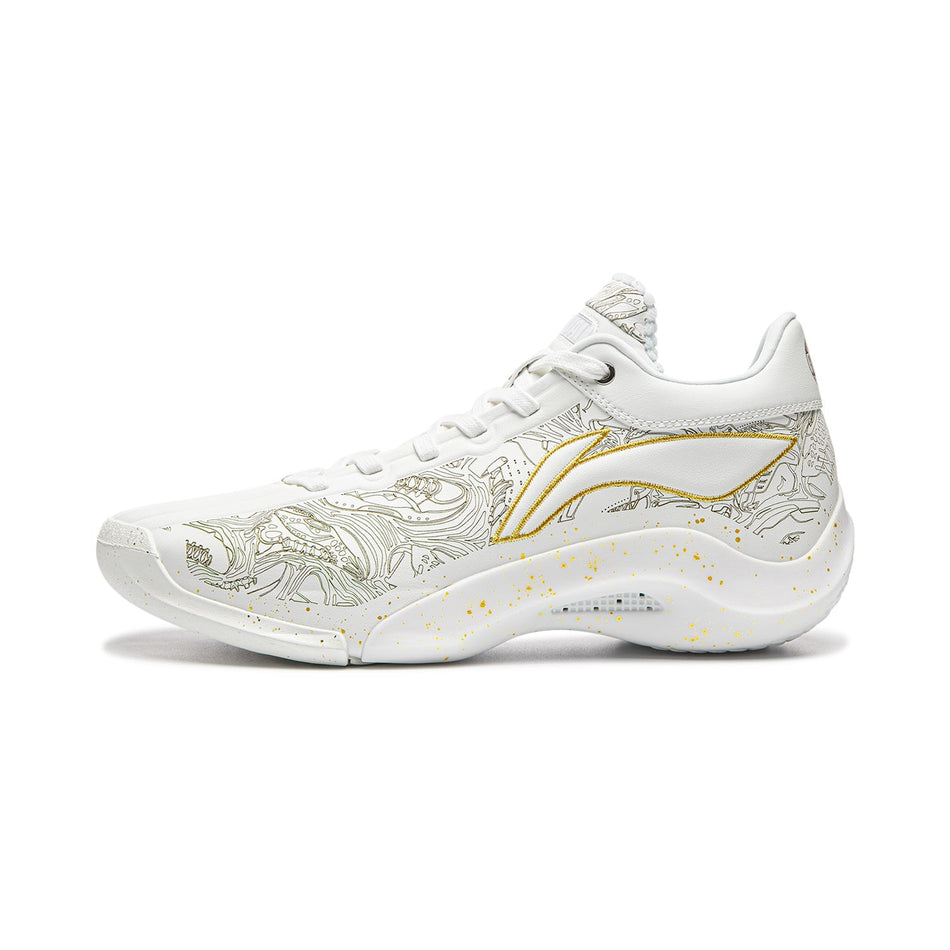 White basketball shoe with gold logo detail and patterned side panel, lace-up design