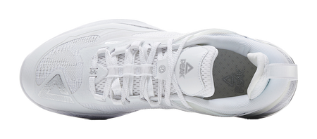 White and silver basketball shoe with laces and mesh upper; view of tongue and heel collar