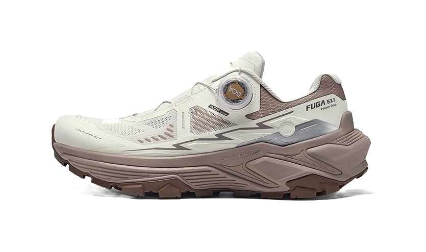 Women’s KAILAS FUGA EX3 BOA trail running shoe, white upper with brown/red accents and chunky sole