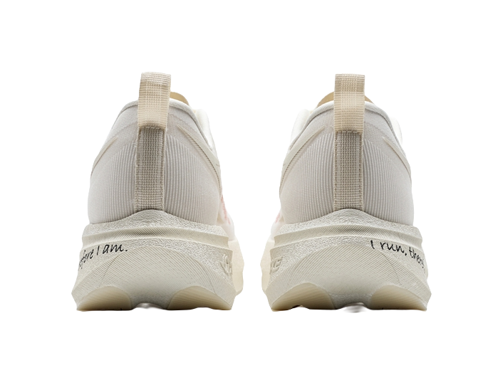 Back view of low-top running shoes in white with red accents and pull-tab heel loops.