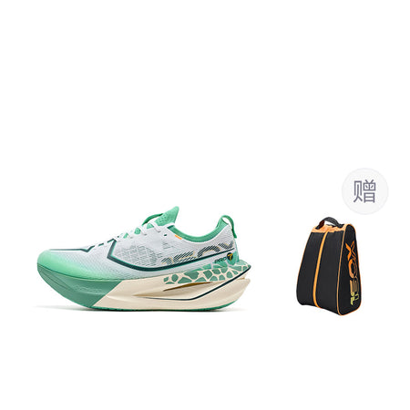 Men's running shoes in white and green, shown with included black shoe bag