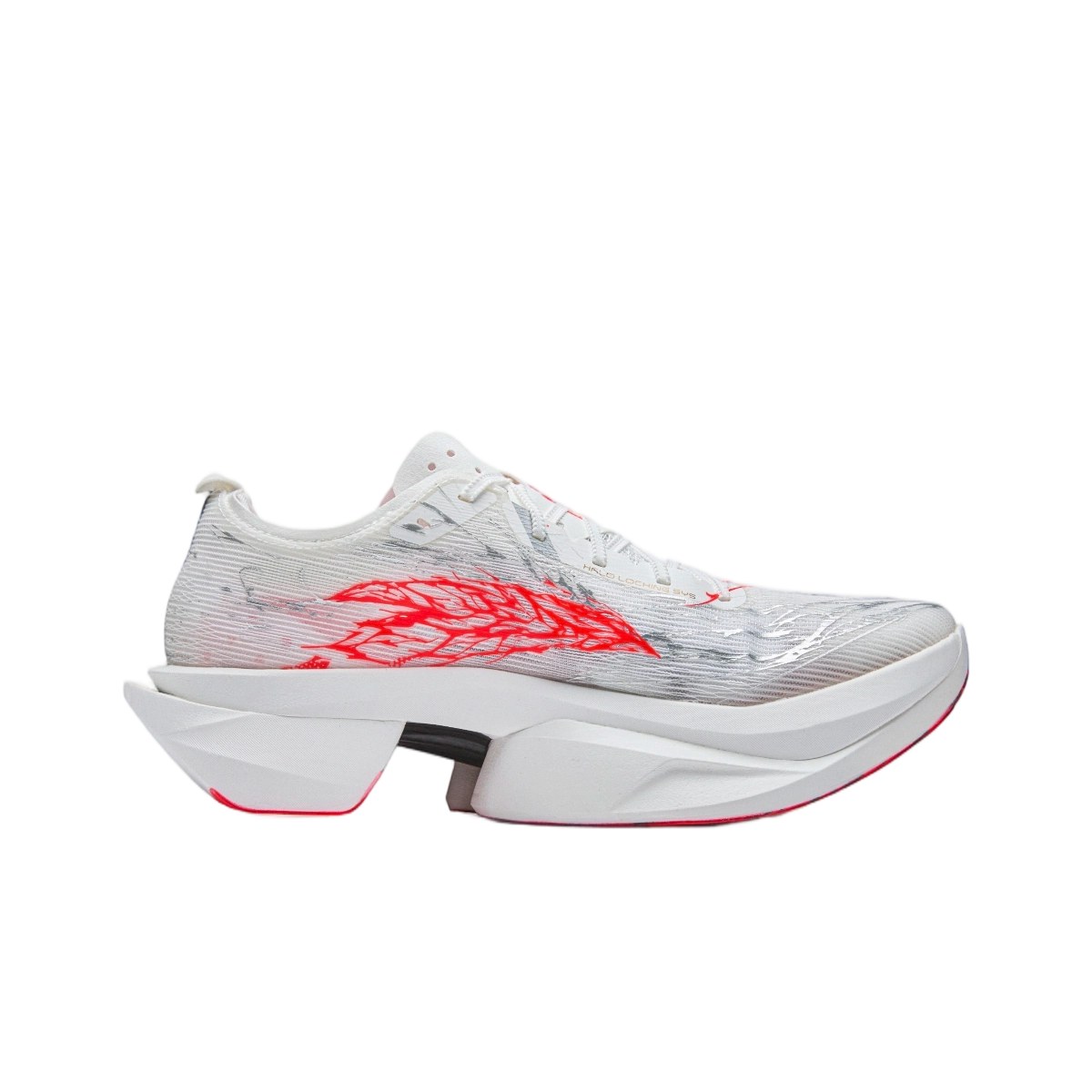 White and red lace-up racing running shoe with sporty midsole detail
