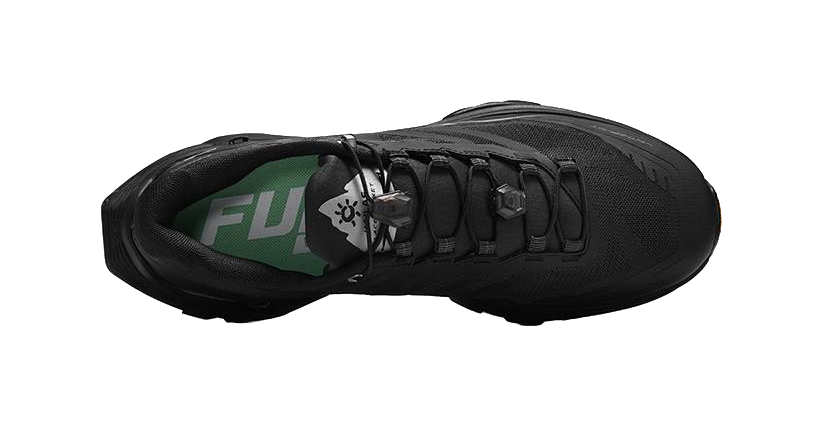 Black trail running shoe upper with lace eyelets and FUGA branding