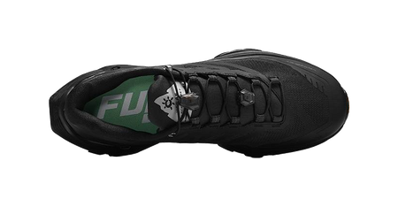 Black trail running shoe upper with lace eyelets and FUGA branding
