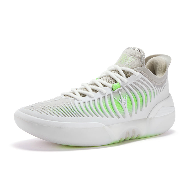 Basketball shoes, side view: white upper with neon green stripes, lace-up, thick midsole