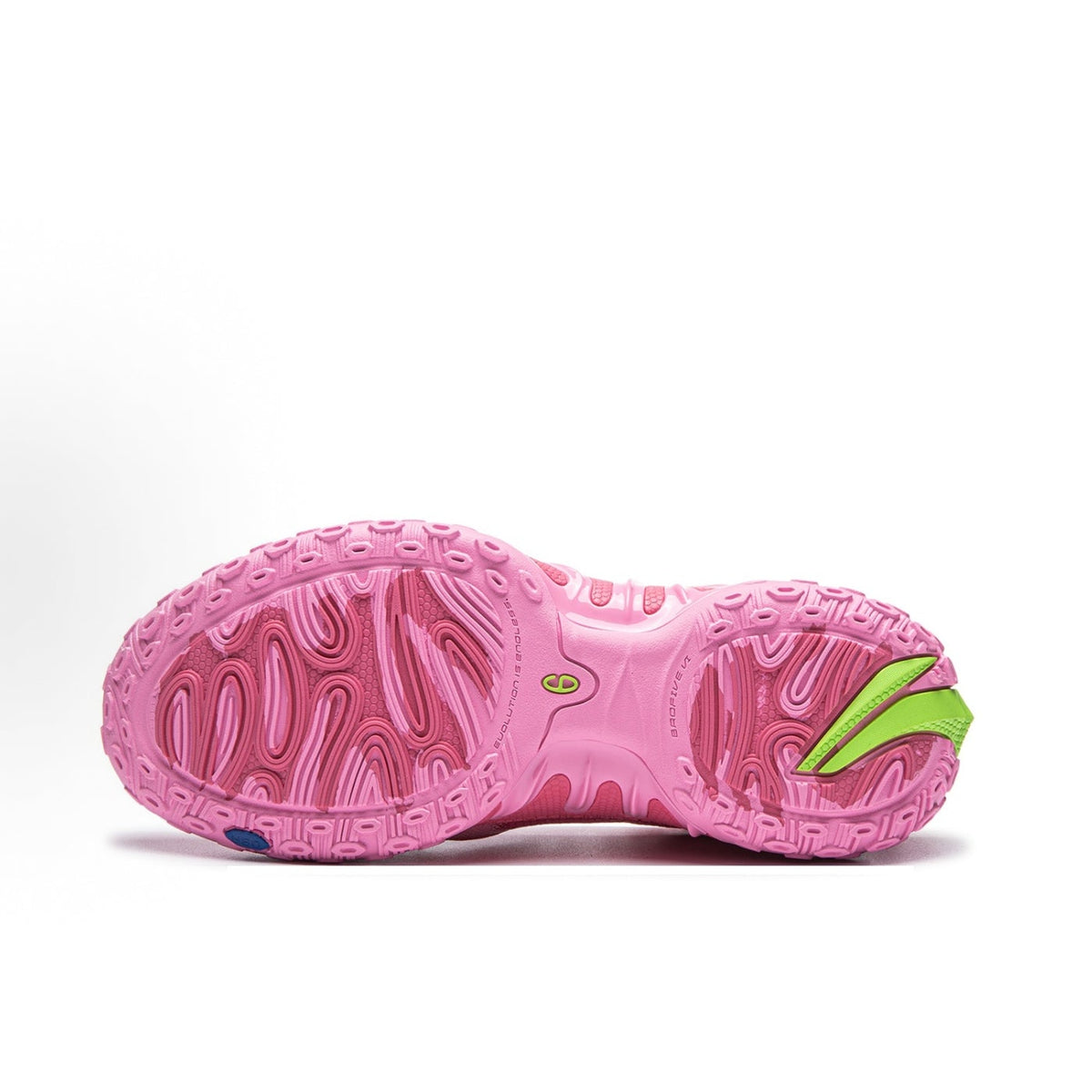 Unisex pink basketball shoe outsole with deep traction tread and lime-green accent