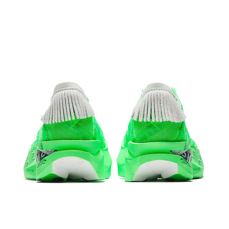 Marathon racing shoe pair from heel, flash green upper with white knit collar and laces.