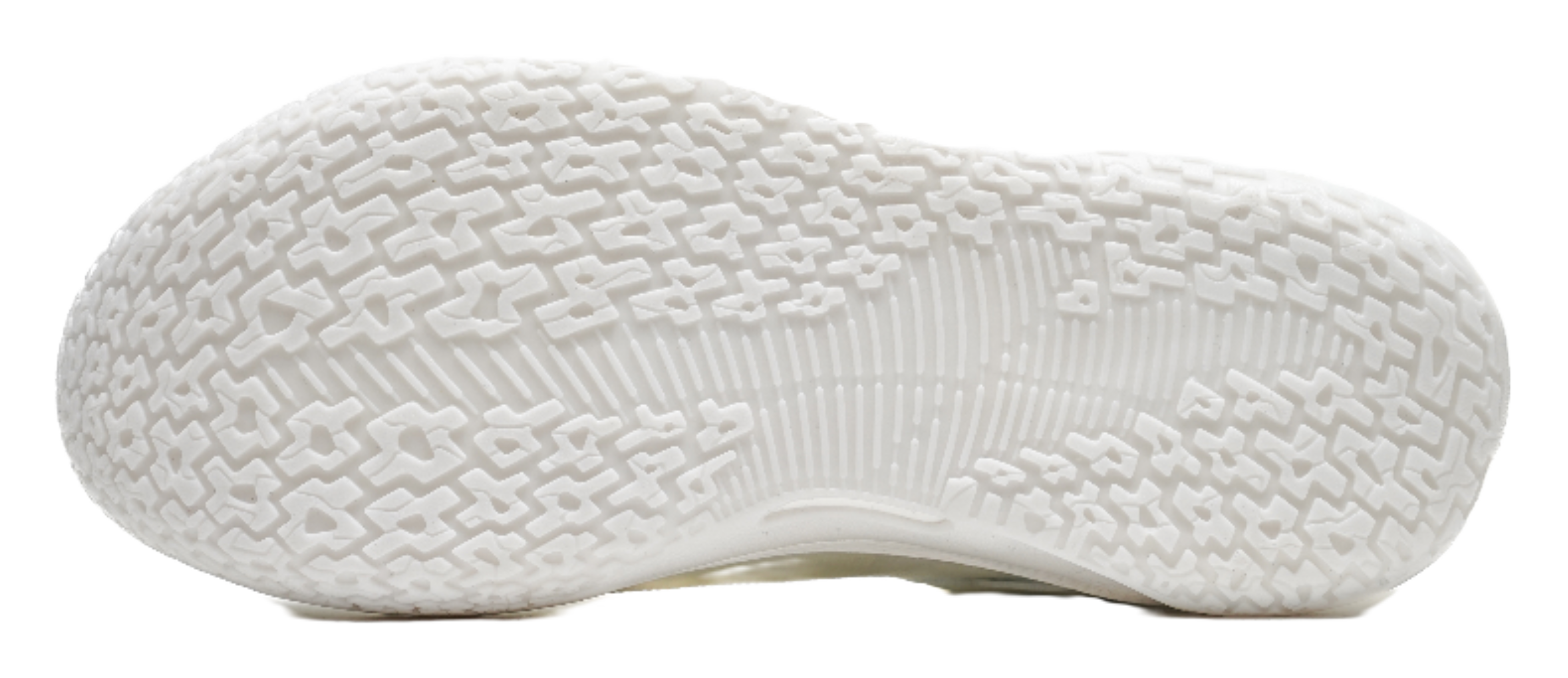 Sole of pure white basketball shoes with textured traction pattern